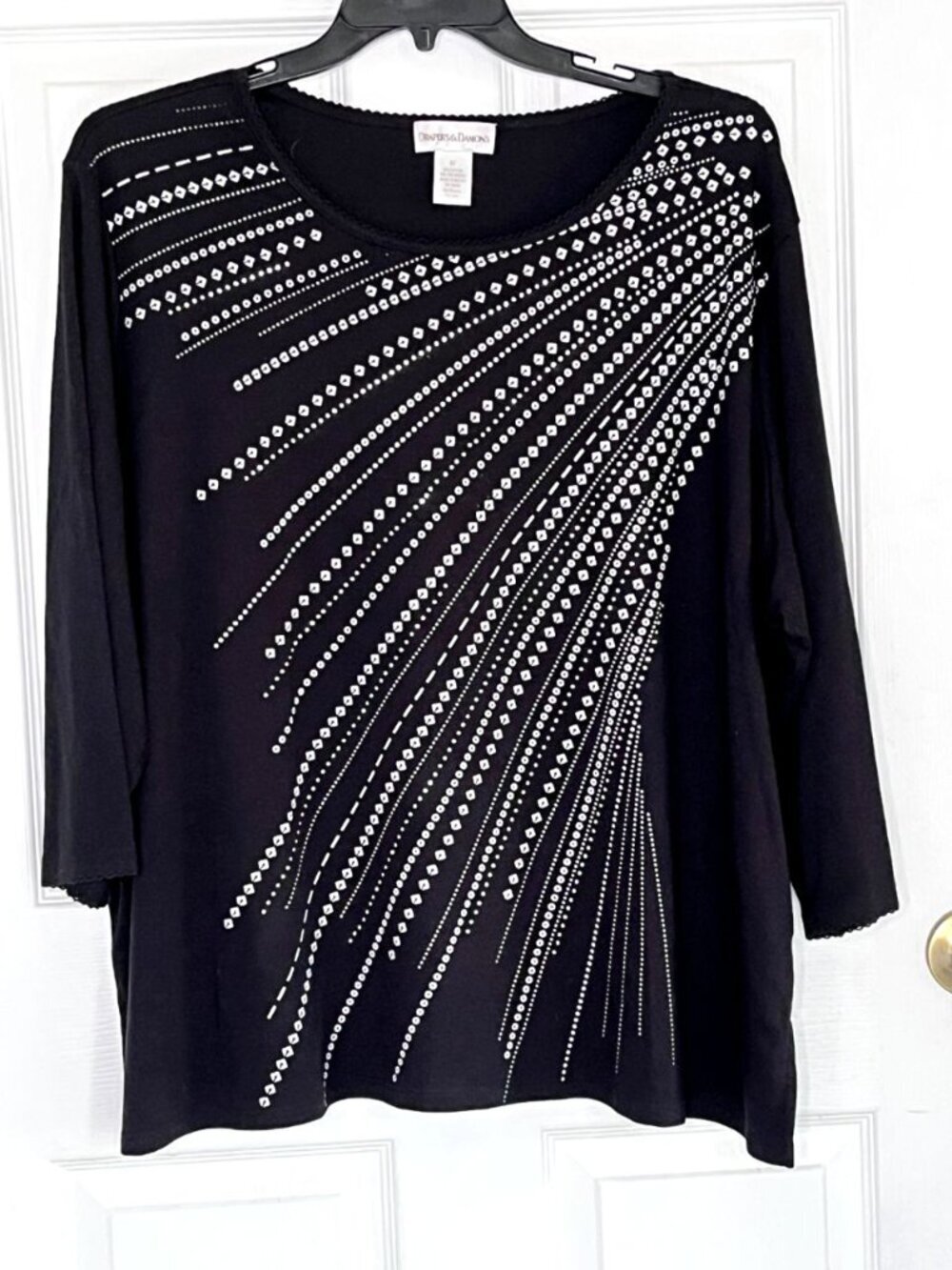 Womens Black Studded Top 3X Scoop Neck 3/4 Sleeve Glam Chic Bling Embellished